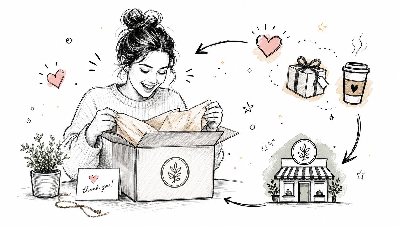 A happy woman opening a shipping box from a boutique shop with handmade goods and a gift.