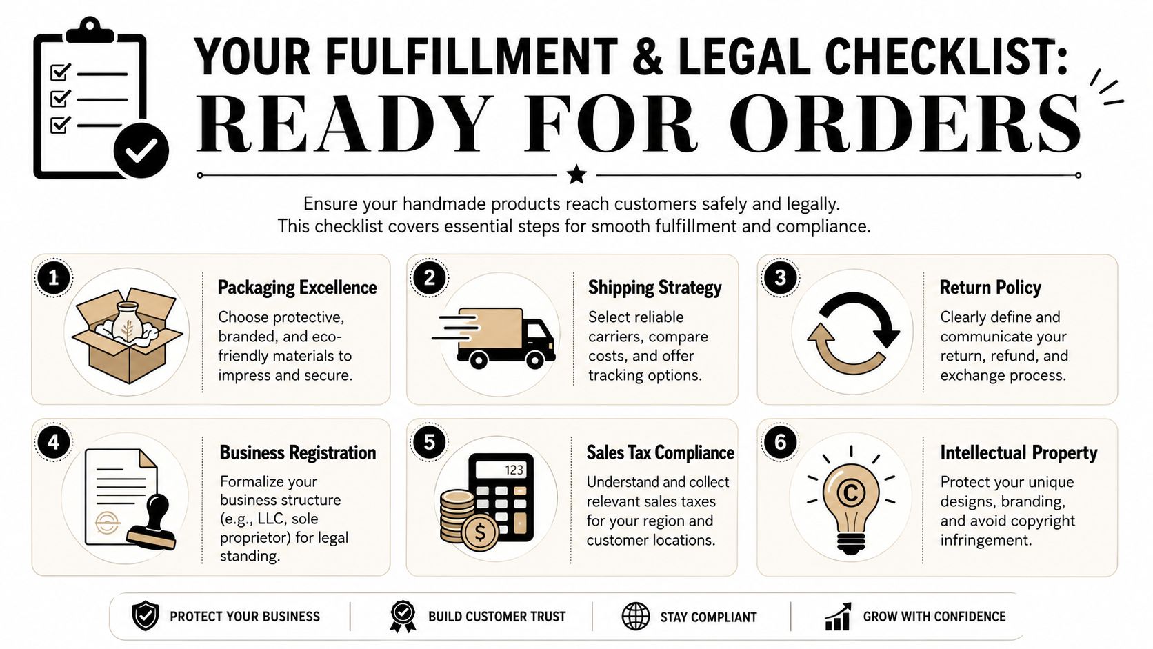 A comprehensive six-step checklist for successfully fulfilling orders and ensuring legal compliance for handmade businesses.