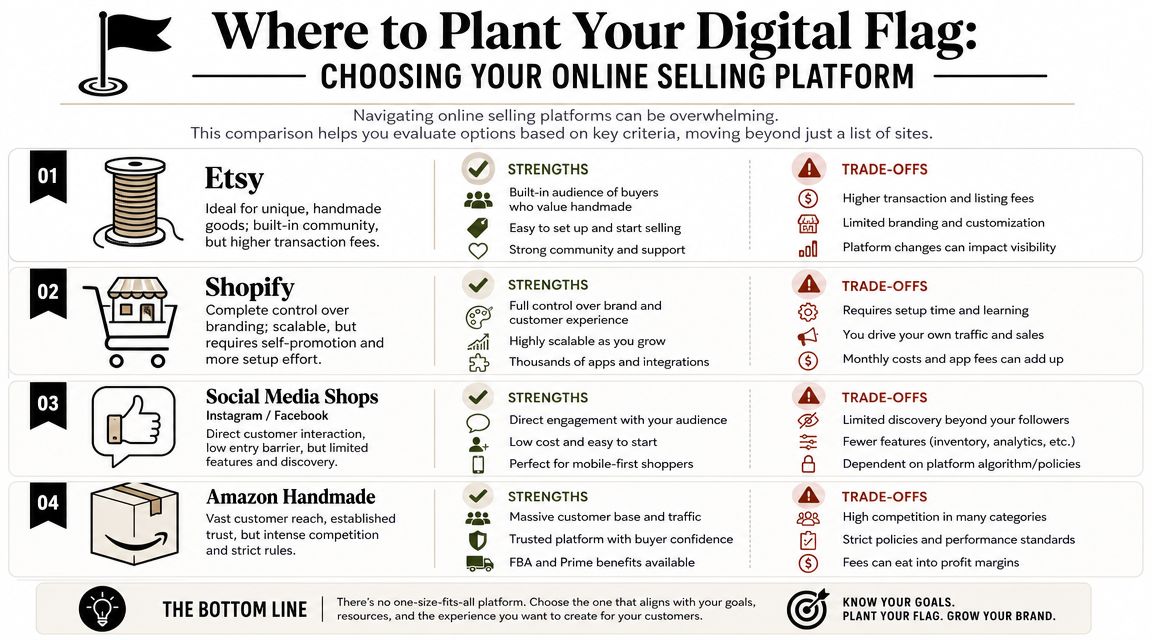 A comparison chart outlining the strengths and trade-offs of four popular online platforms for selling handmade products.