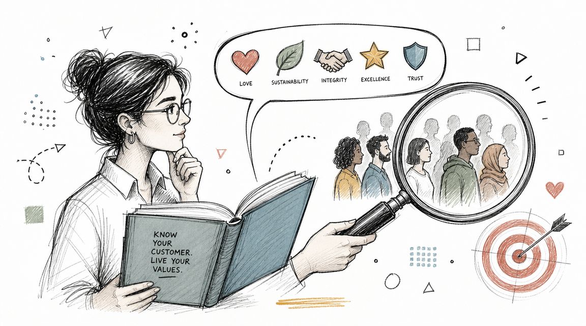 An illustration of a woman reading a book with values, holding a magnifying glass over diverse customers.