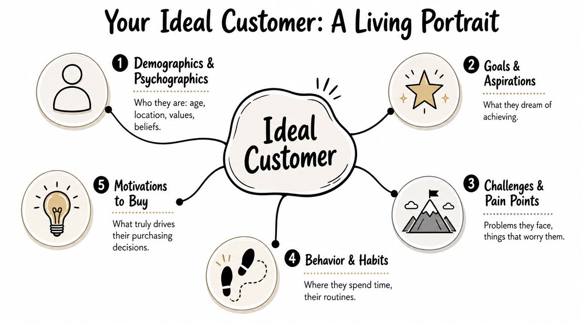 An infographic titled Your Ideal Customer describing five key elements to identify a target audience profile.