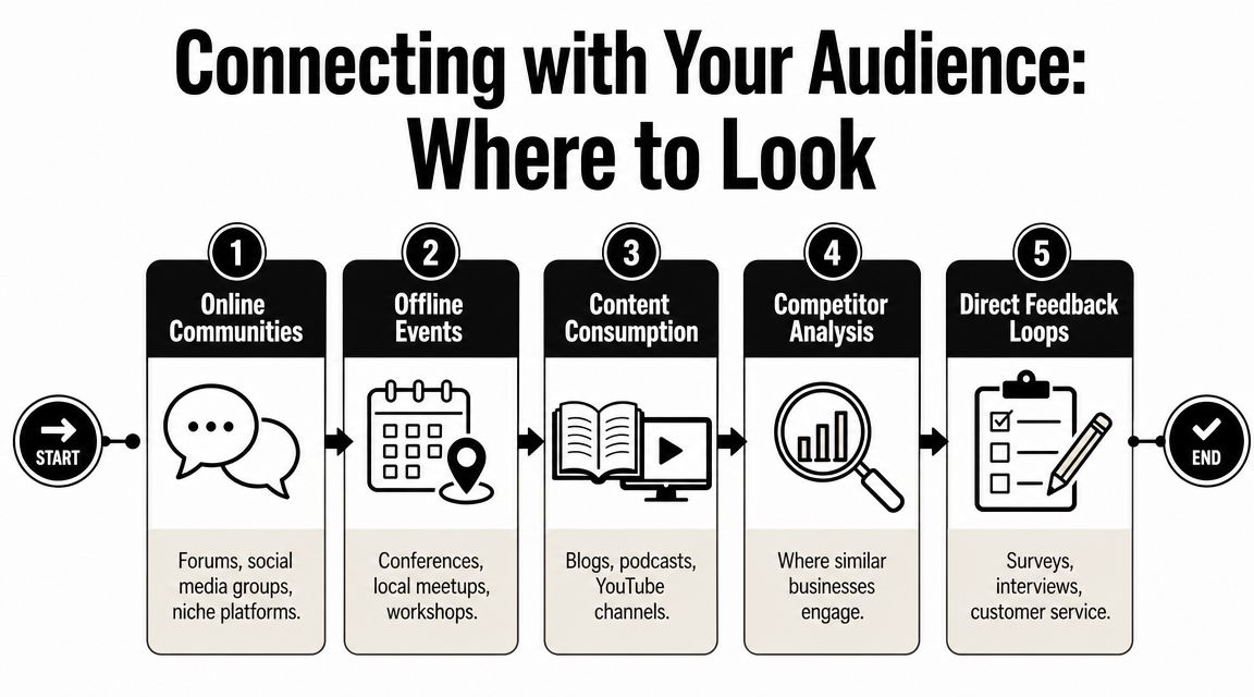 A five-step infographic showing methods for businesses to connect with their target audience.