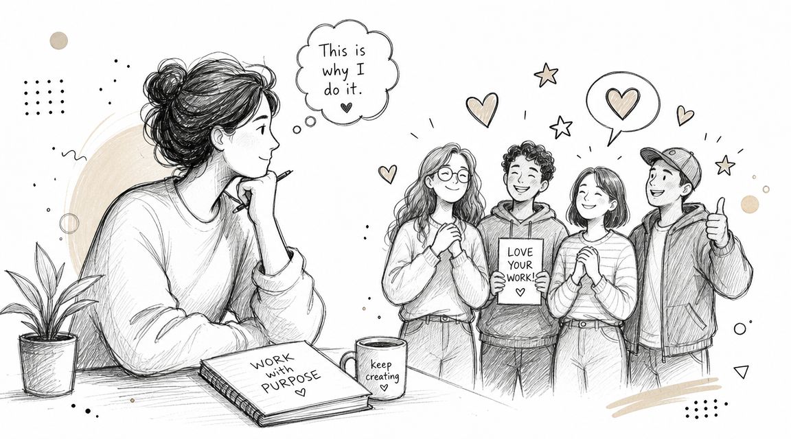 A creator looking at her happy audience who are holding a sign that says love your work.