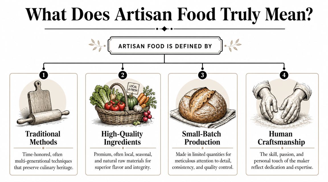An infographic defining artisan food through traditional methods, high-quality ingredients, small-batch production, and human craftsmanship.