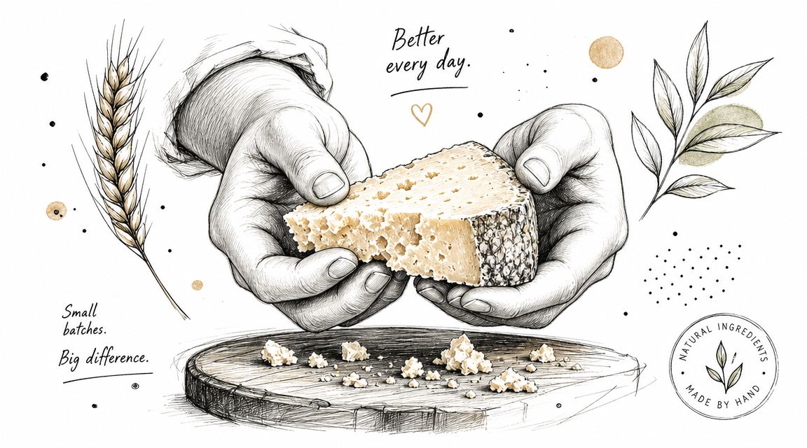 A hand-drawn illustration showing hands holding a piece of rustic cheese above a wooden cutting board.