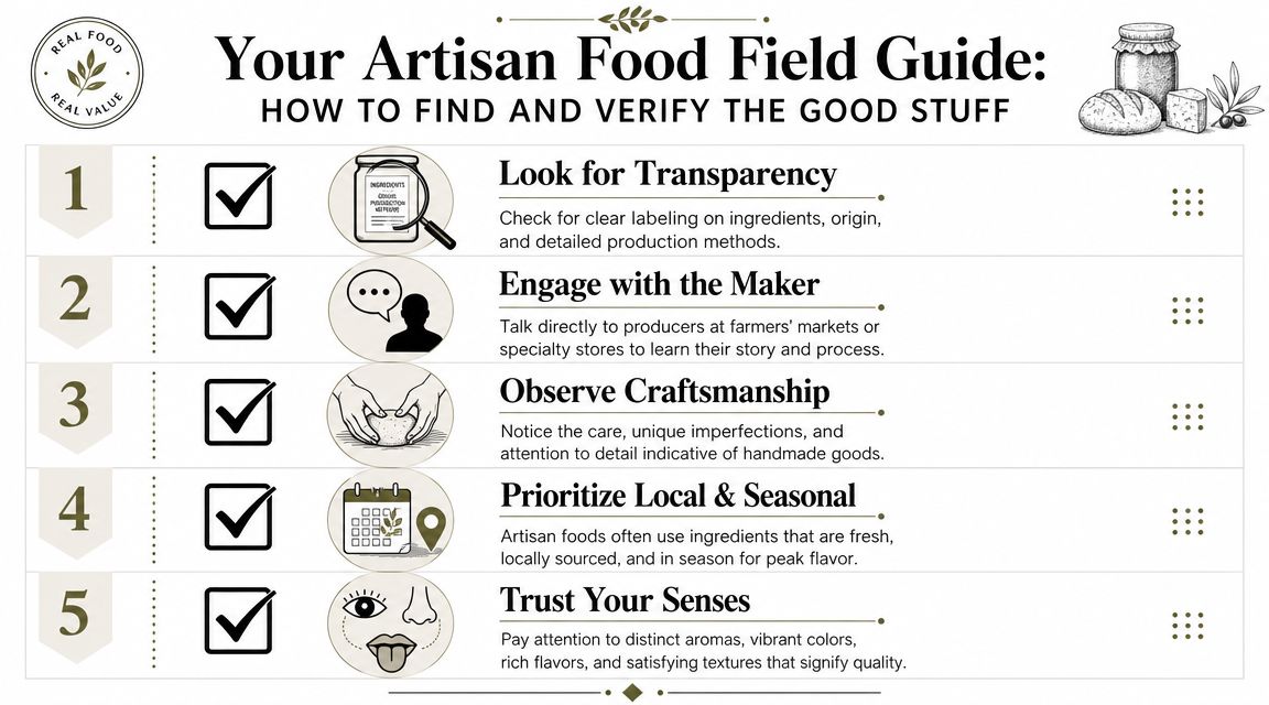 A guide illustrating five steps to identify and verify high-quality artisan food products for consumers.