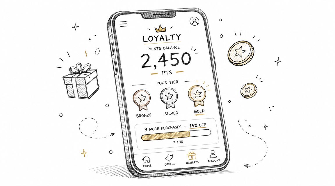 A digital illustration of a smartphone screen showing a loyalty program mobile app with reward points balance.