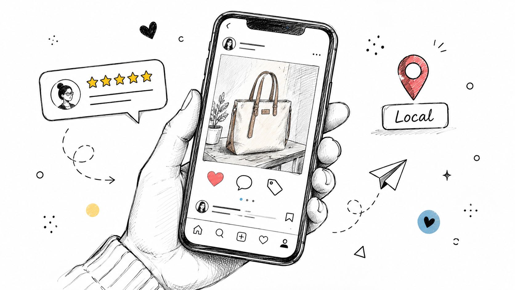 A hand holding a smartphone displaying a social media post of a handbag with local business icons.