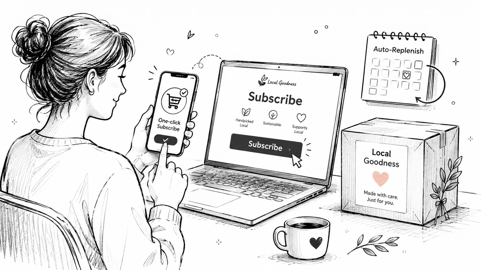 A person using a laptop and phone to subscribe to a local business delivery service online.