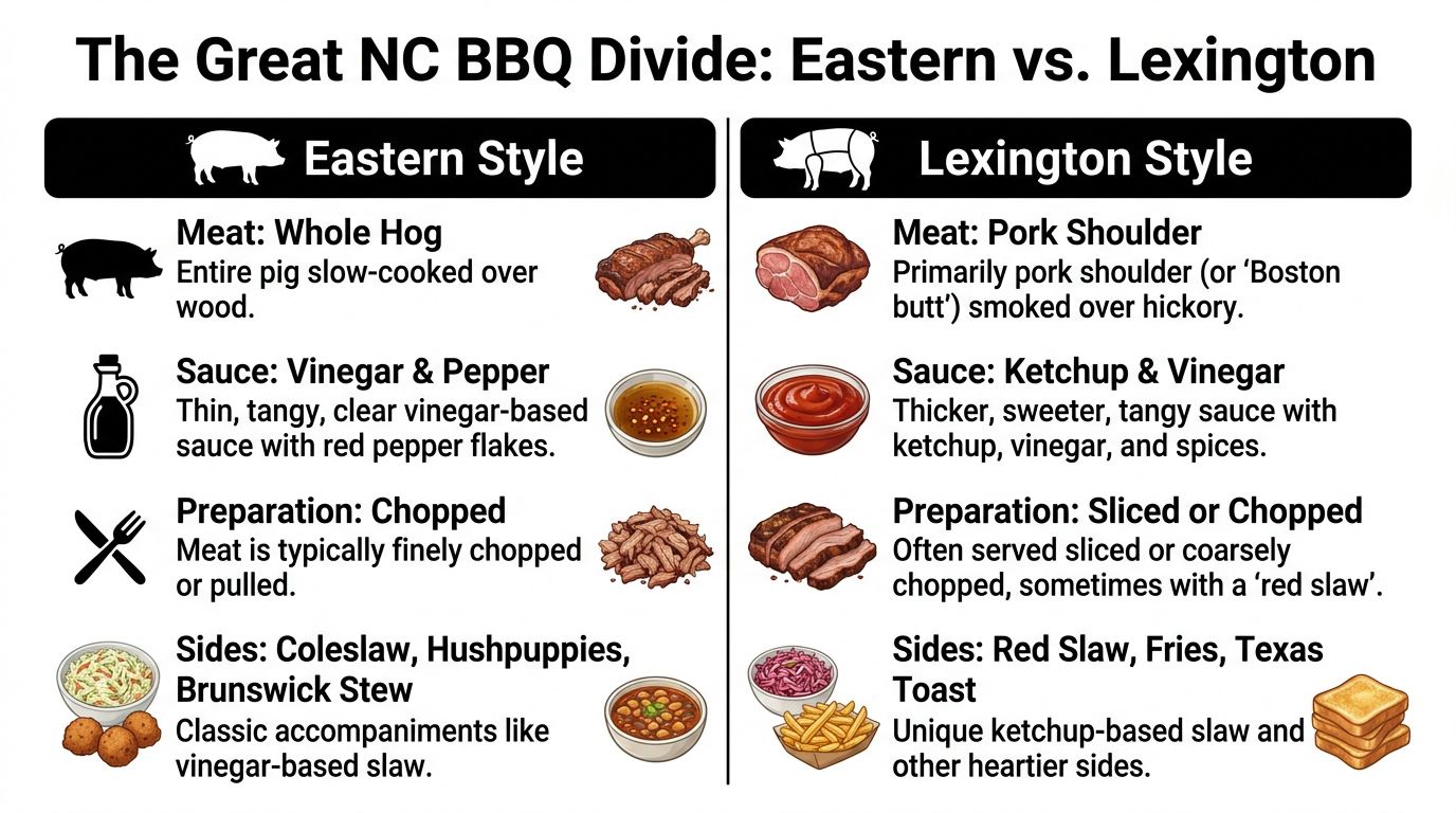 A comparison chart outlining the differences between Eastern and Lexington styles of North Carolina barbecue.