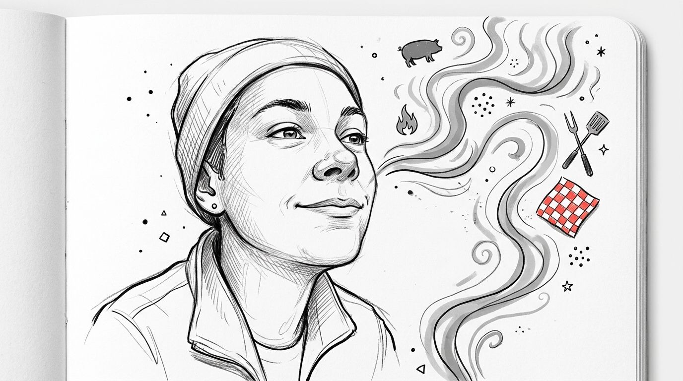 A charcoal sketch of a person smelling barbecue, featuring a pig icon, flames, and grilling tools.