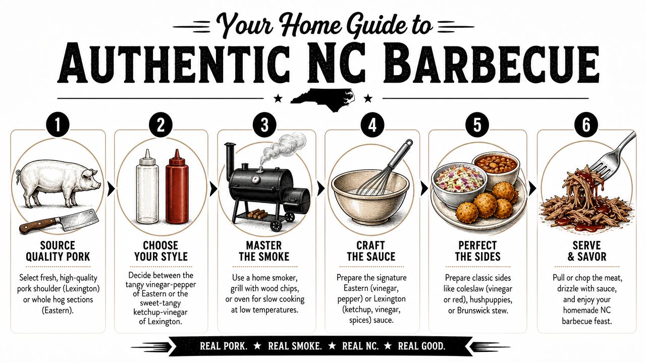 An instructional infographic illustrating the six-step process for making authentic North Carolina barbecue at home.