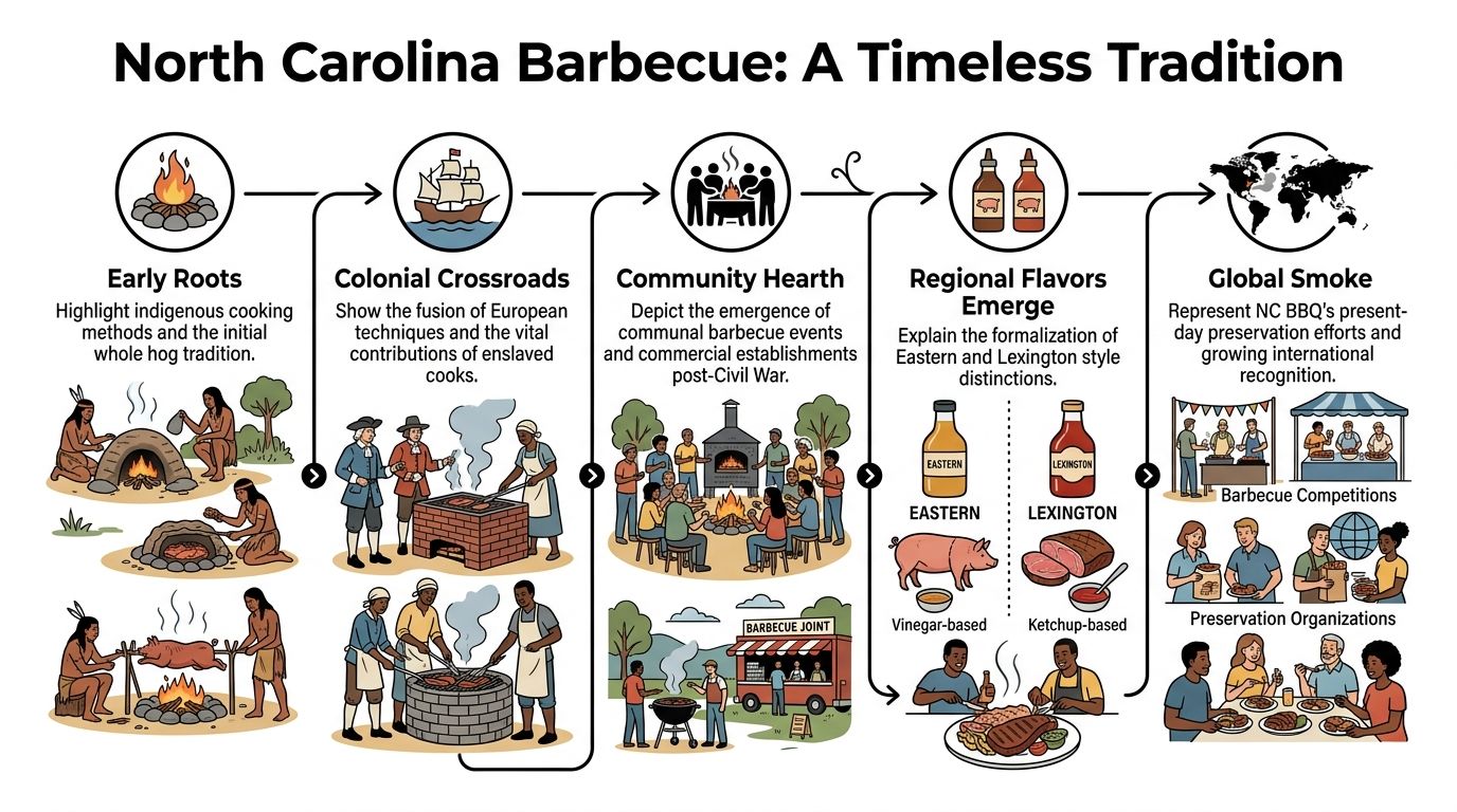 An infographic detailing the historical evolution and cultural development of North Carolina barbecue traditions over time.