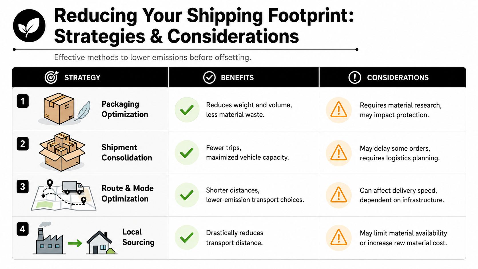 A four-step infographic showing strategies to reduce shipping footprints, including packaging, consolidation, routing, and local sourcing.