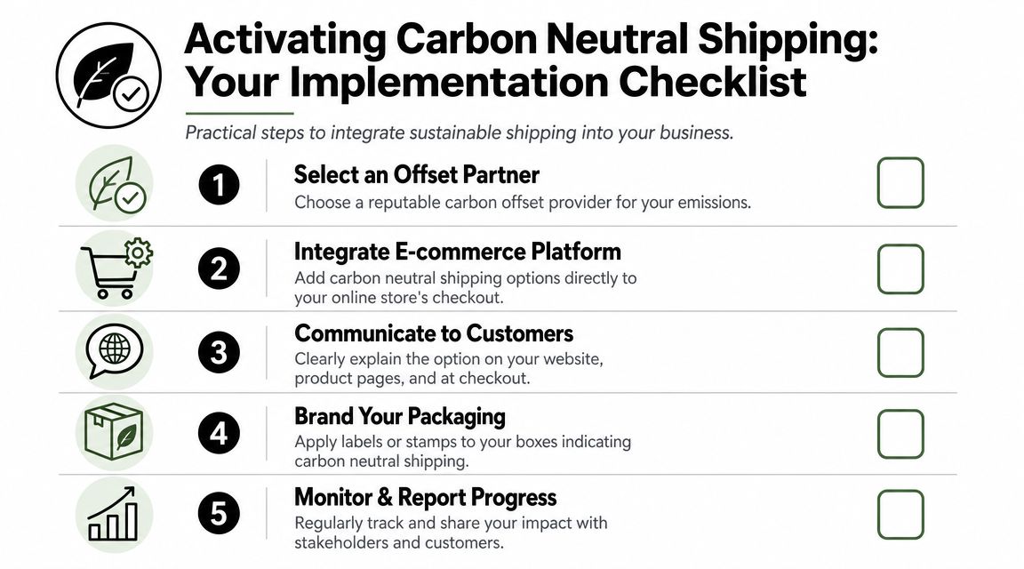 An infographic checklist outlining five practical steps for businesses to implement carbon neutral shipping practices.