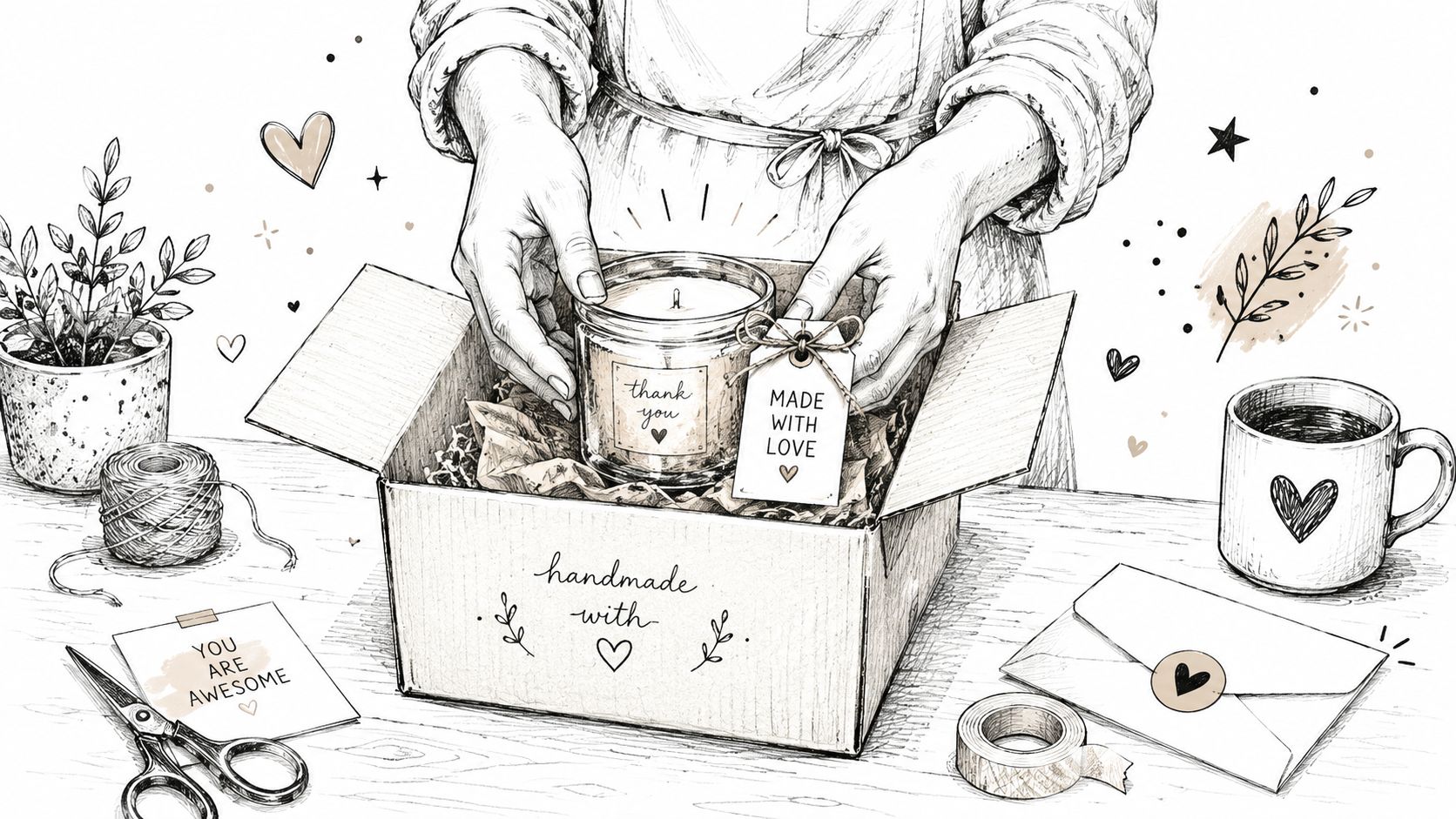 A hand-drawn illustration of a person packing a handmade candle in a box for carbon neutral shipping.