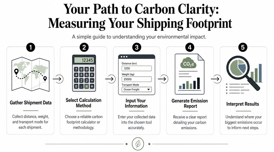 A five-step infographic illustrating the process of calculating and understanding a company's carbon shipping footprint.