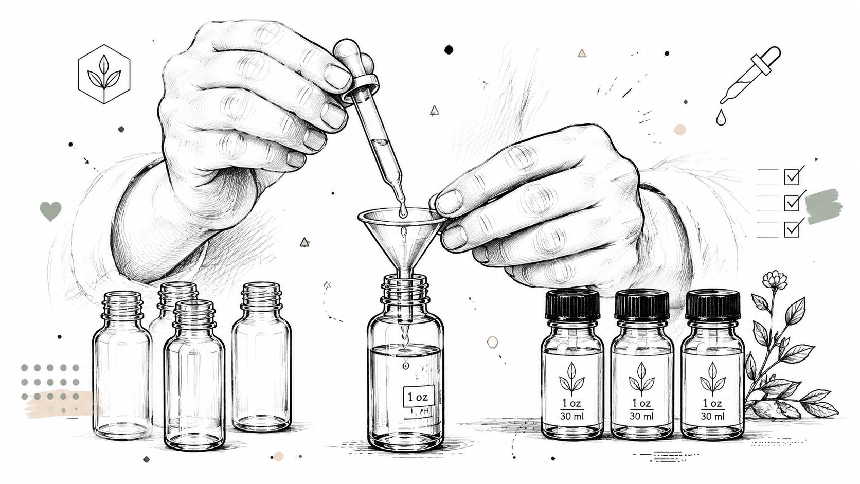 Hands using a dropper to fill a 1 oz glass bottle through a funnel with herbal extract.