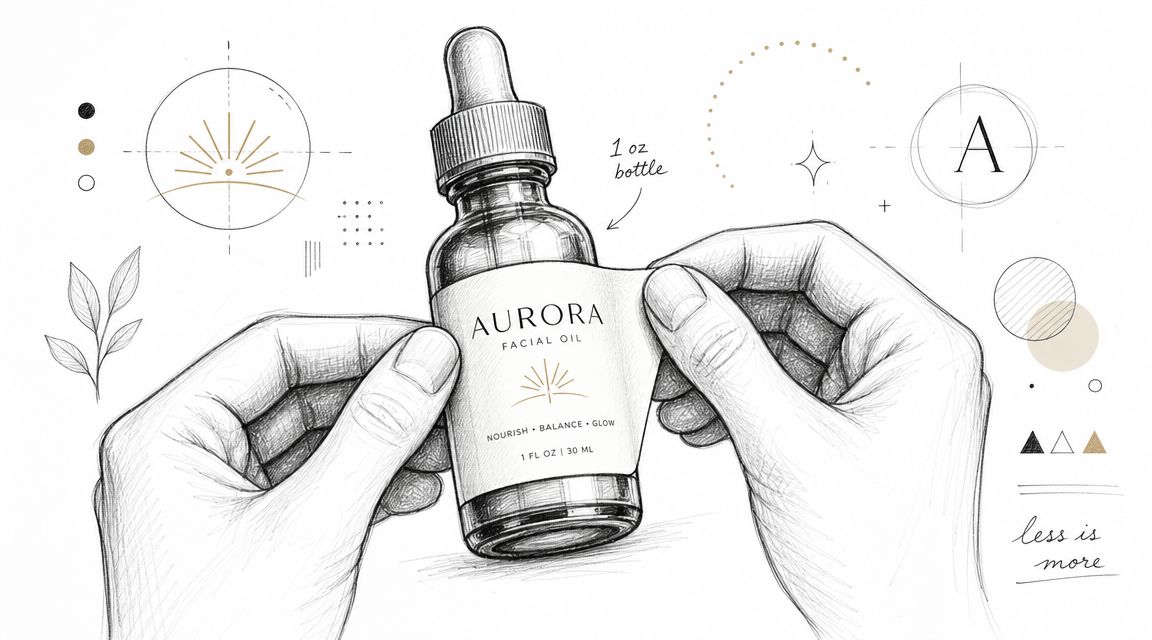 A detailed pencil sketch of a person applying a label to a one-ounce Aurora facial oil bottle.