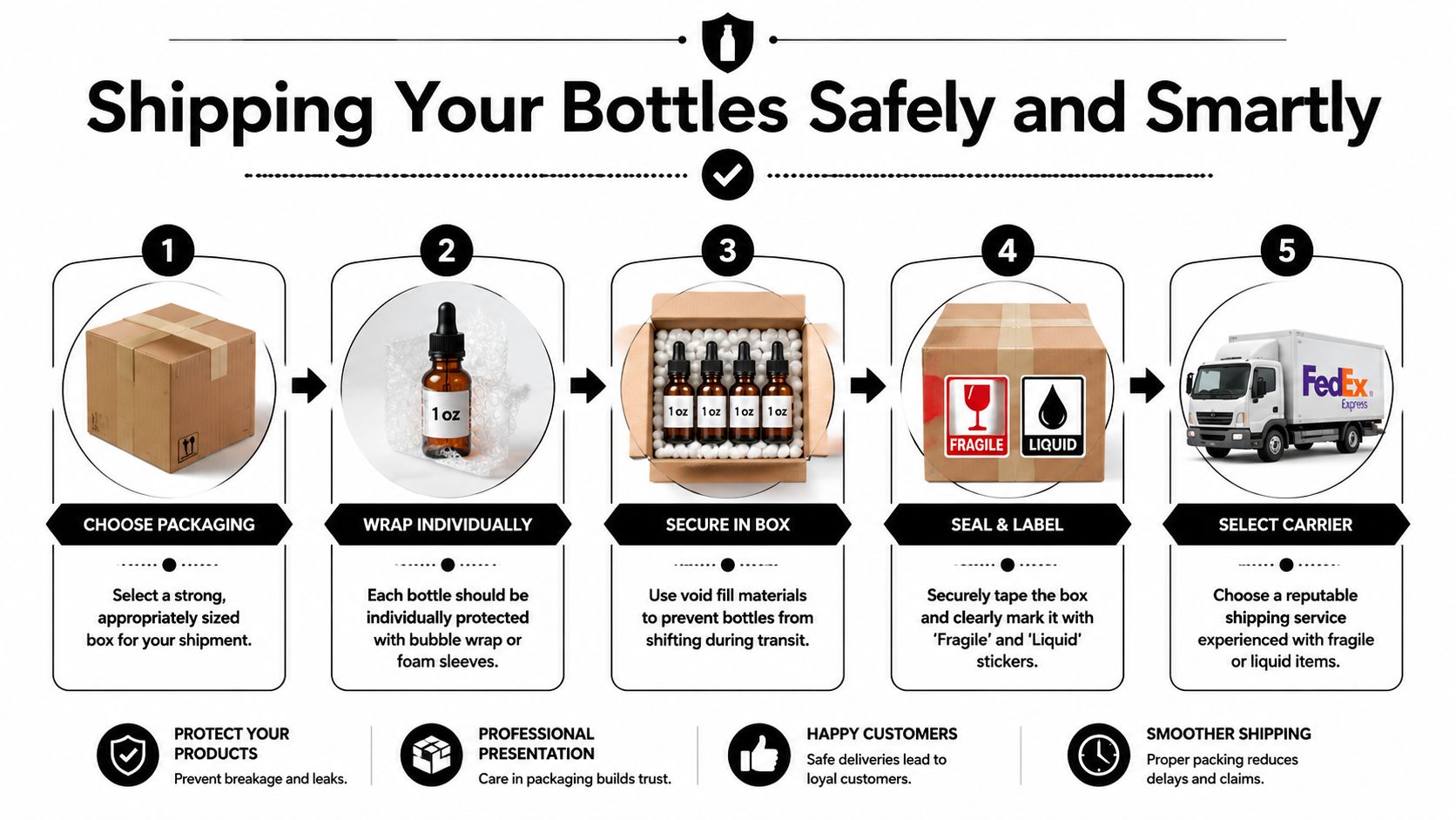 An infographic showing five steps for securely shipping glass 1 oz bottles with protective packaging.