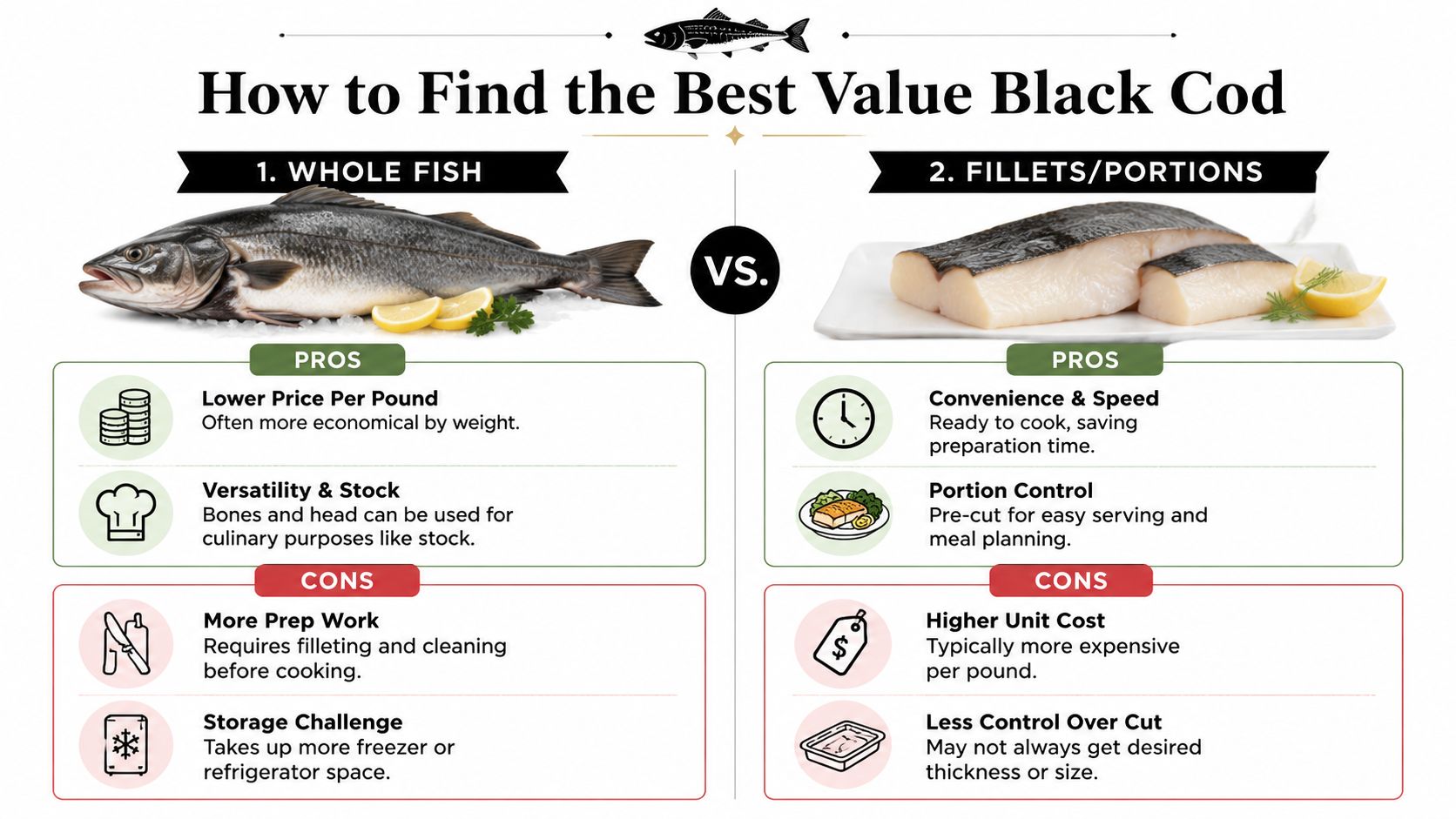 An infographic comparing the pros and cons of purchasing whole black cod versus ready-to-cook fish fillets.
