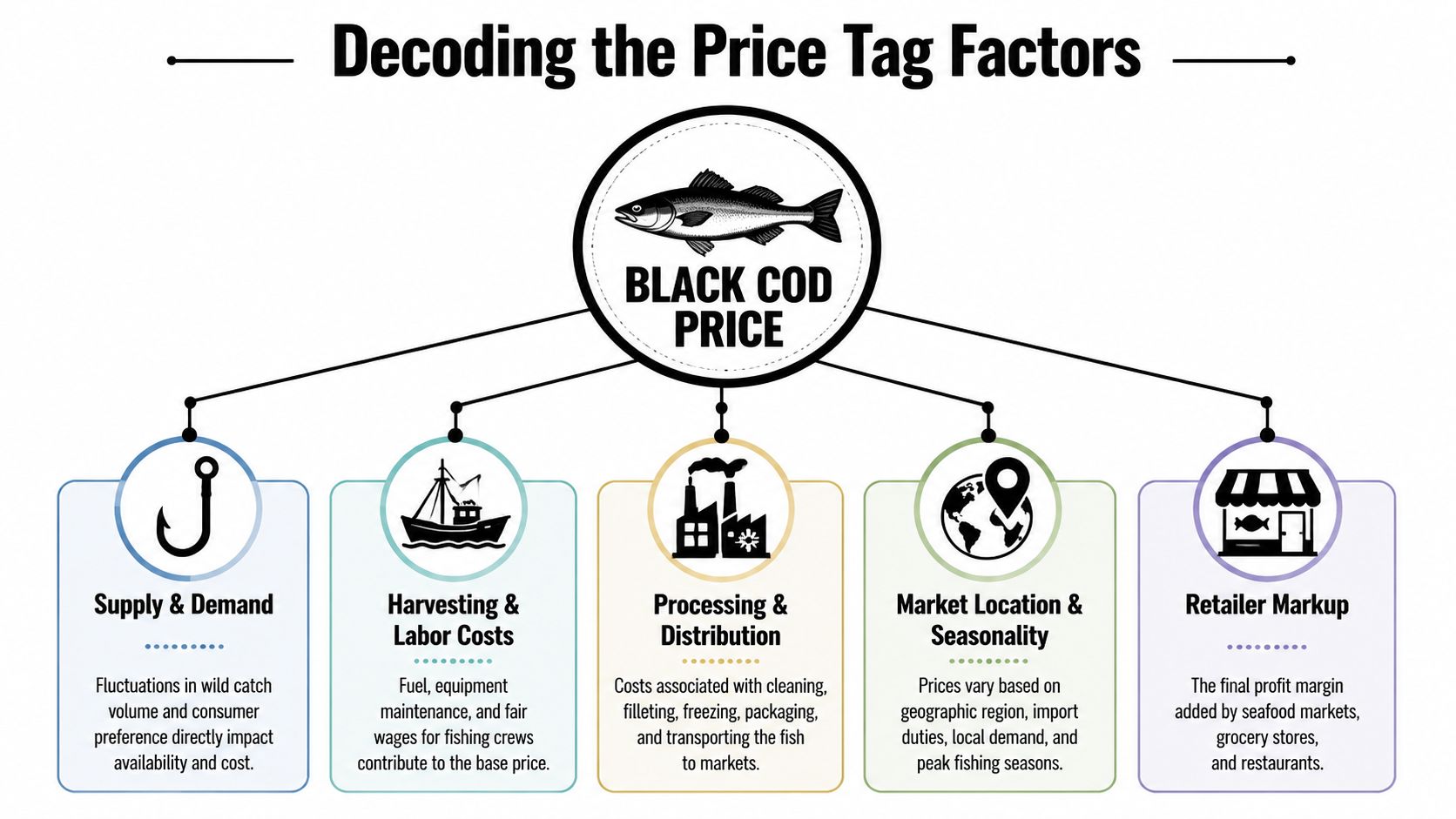 An infographic titled Decoding the Price Tag Factors explaining the various components that determine black cod price.