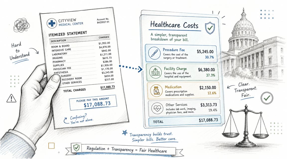 An illustration comparing a confusing medical bill to a simple, transparent healthcare cost breakdown summary.
