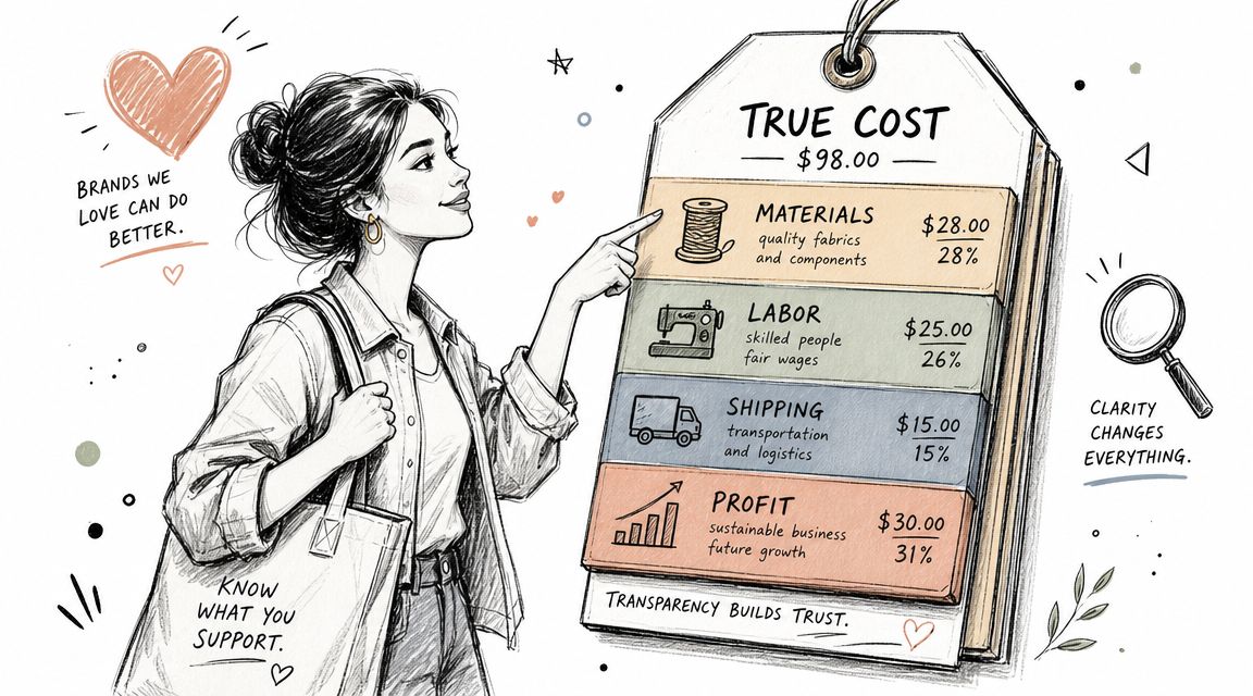 A woman pointing to an infographic on a price tag explaining the transparency of product costs.