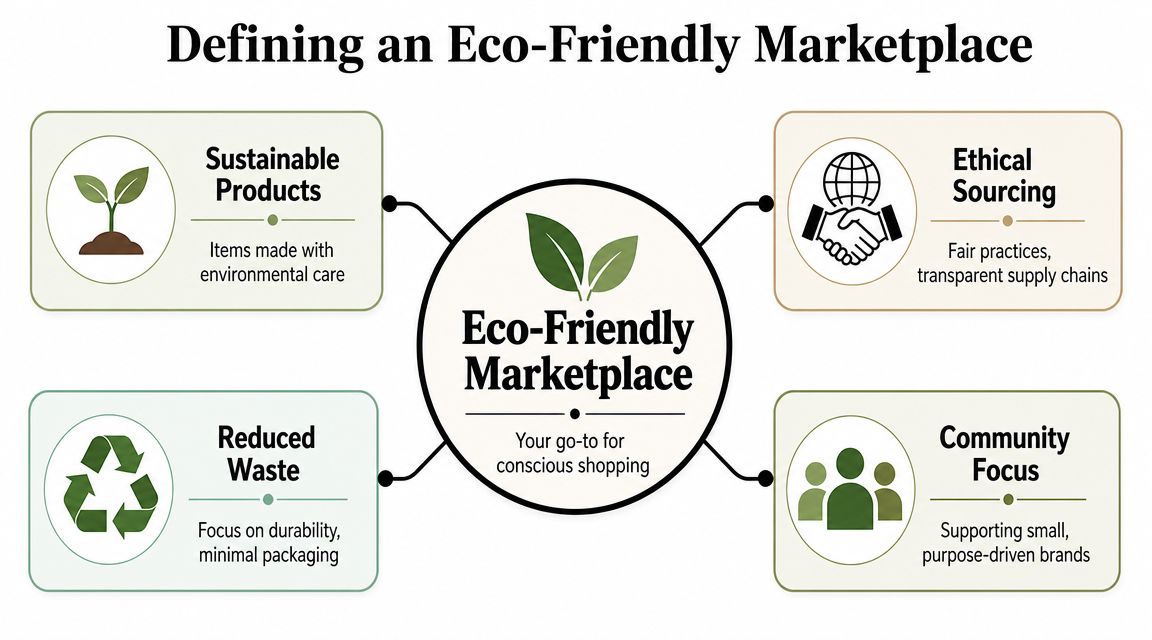 A diagram defining an eco-friendly marketplace with four categories: sustainable products, ethical sourcing, reduced waste, and community focus.