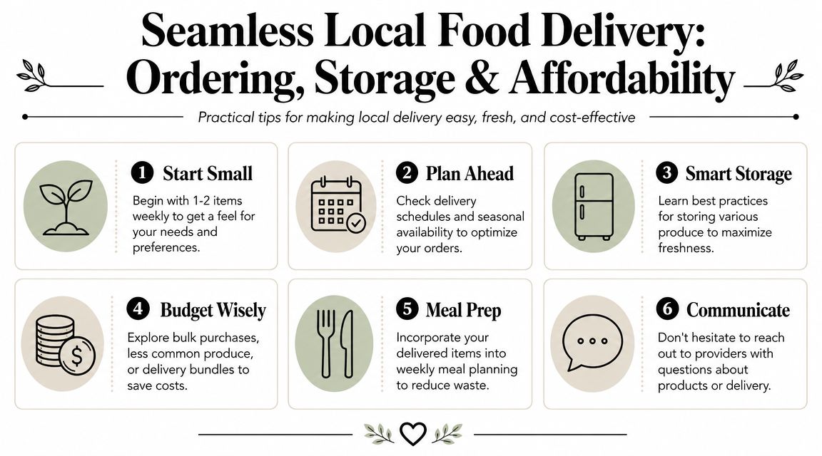 An infographic titled Seamless Local Food Delivery offering six practical tips for efficient and cost-effective produce ordering.