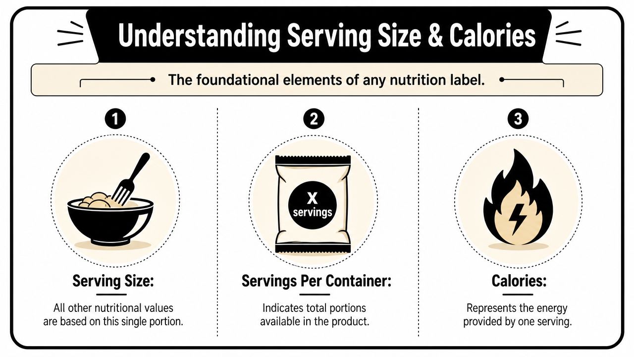 An infographic explaining how to read nutrition labels, including serving size, servings per container, and calories.