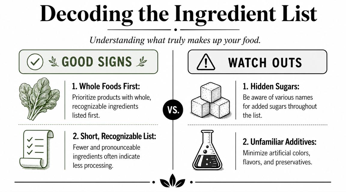 An infographic titled Decoding the Ingredient List, showing good signs and watch outs for food labels.