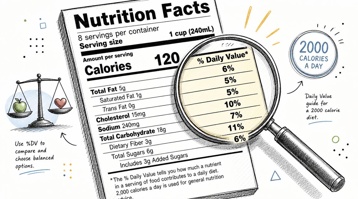 A magnifying glass highlights the percentage daily value section on a food nutrition label for healthy eating.