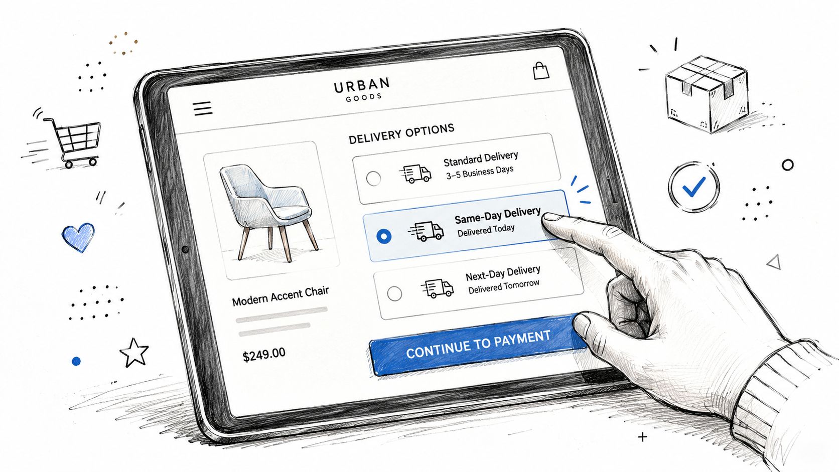 A hand selecting the same-day delivery option on a digital tablet for a Modern Accent Chair.