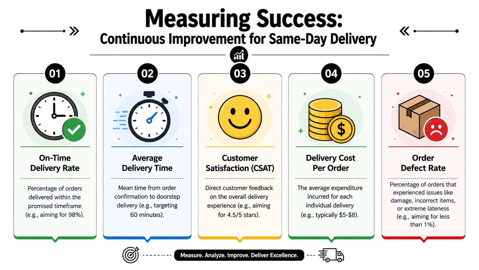 An infographic showing five key performance indicators for measuring success in same-day local delivery operations.