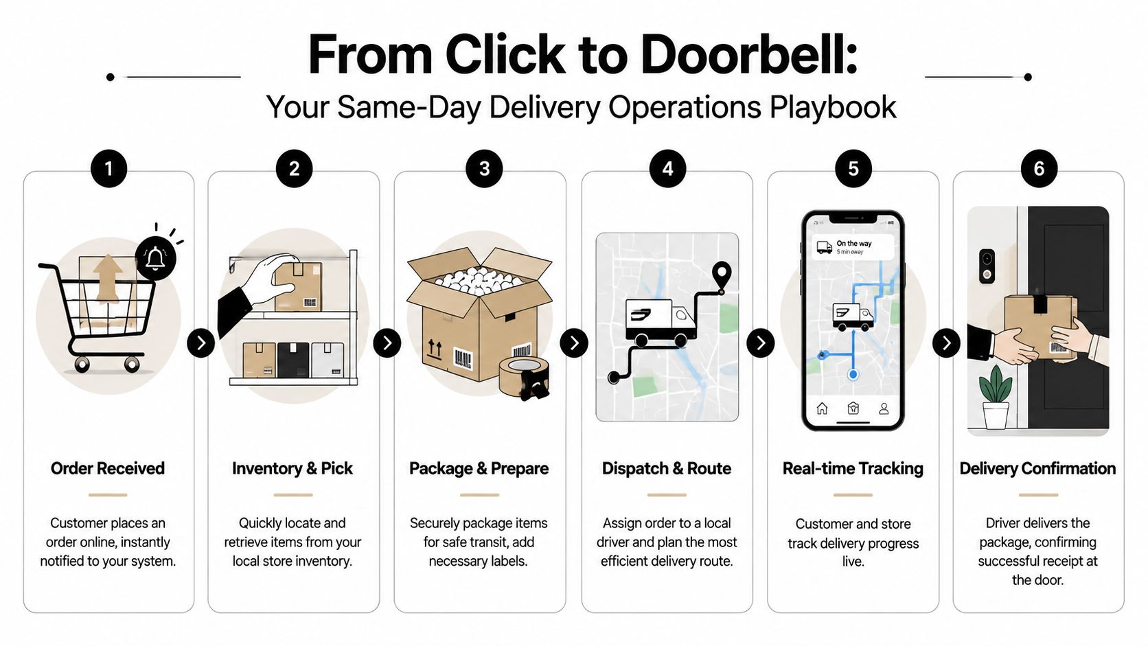A six-step infographic illustrating the same-day delivery process from customer order to successful doorstep confirmation.