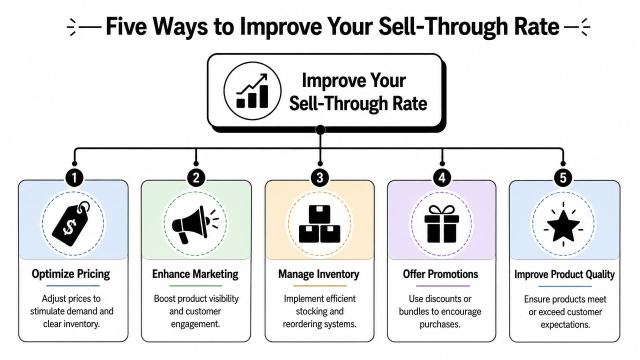 An infographic showing five effective strategies to improve sell-through rates for businesses and retail inventory management.