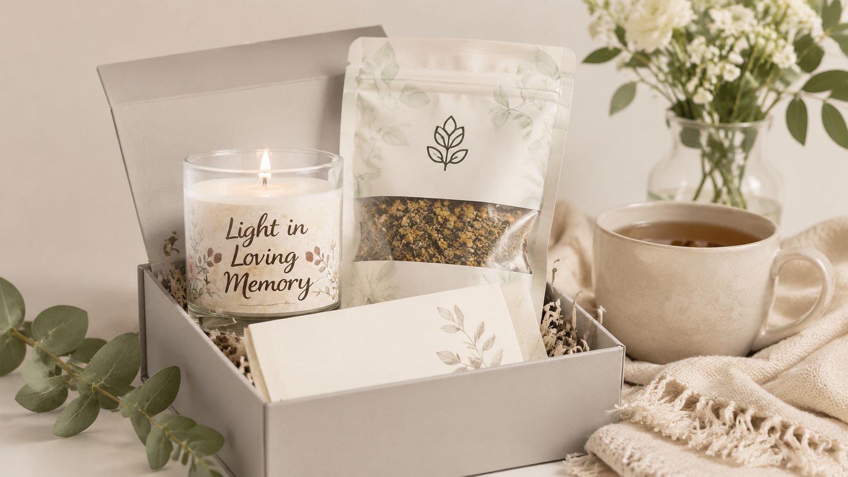Sympathy Gift Box, Candle & Soothing Tea, Keepsake Comfort Gift, Bereavement Condolence Care Package, 1 Box | Glowsip by Loyaltie