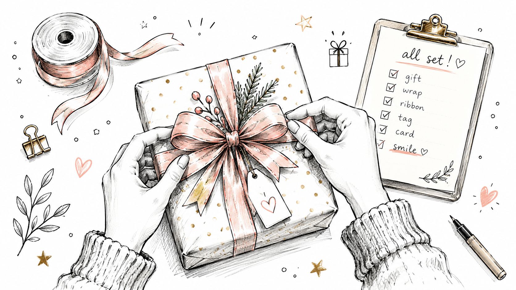 Hands wrapping a gift with a bow, a tag, and a clipboard checklist on a white background.