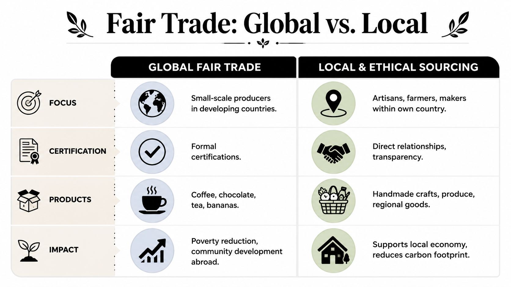 A comparison chart outlining the differences between Global Fair Trade and Local Ethical Sourcing practices.