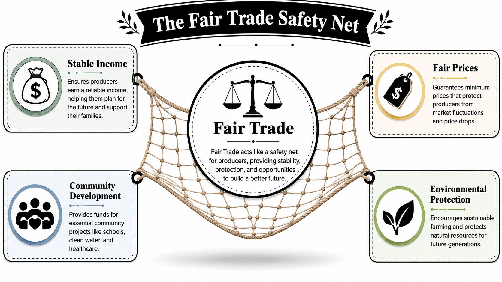 An infographic titled The Fair Trade Safety Net showing how Fair Trade supports producers, communities, and environment.