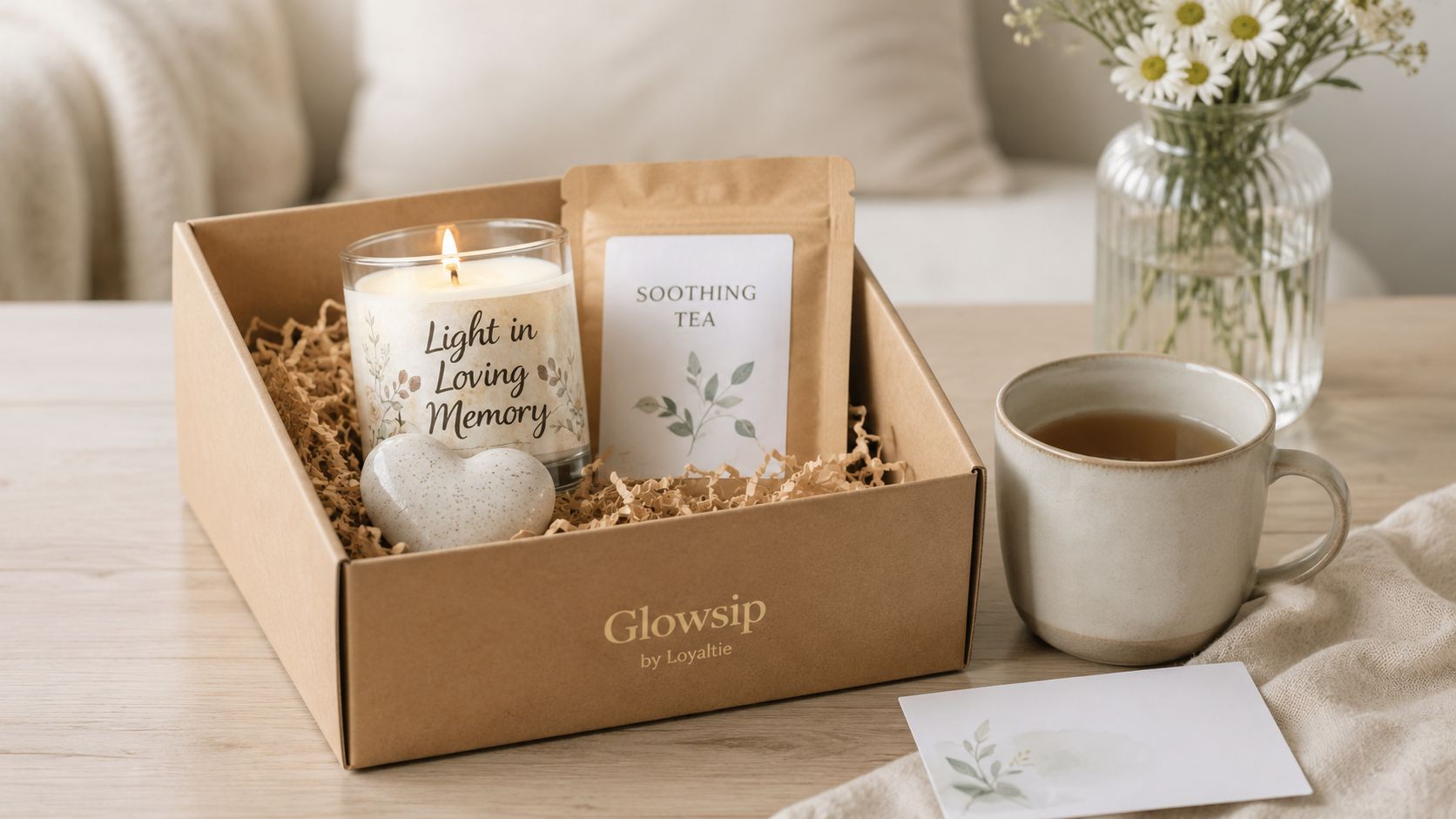 Sympathy Gift Box, Candle & Soothing Tea, Keepsake Comfort Gift, Bereavement Condolence Care Package, 1 Box | Glowsip by Loyaltie