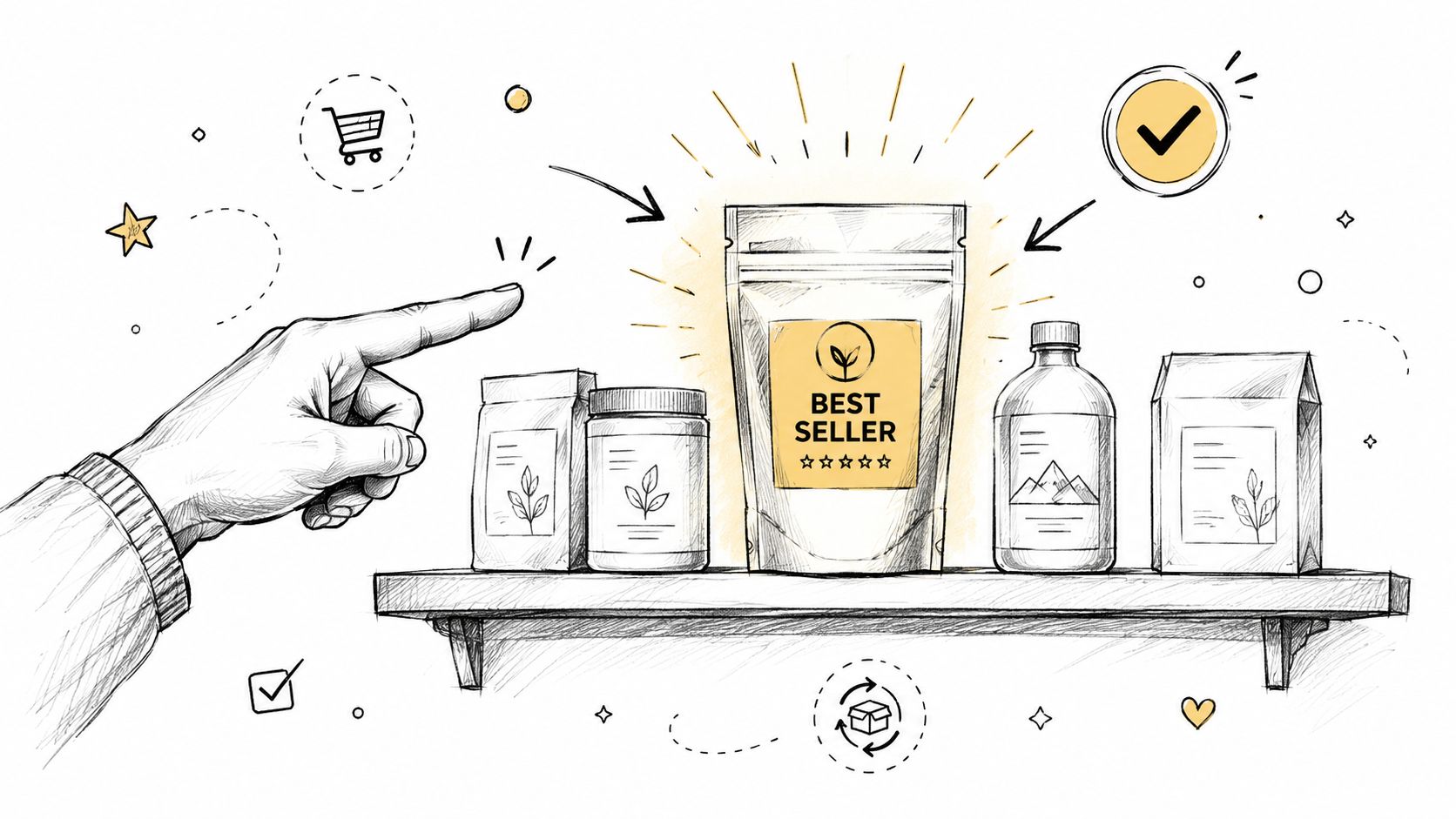 A hand points toward a best-selling product pouch on a shelf with various product packages.