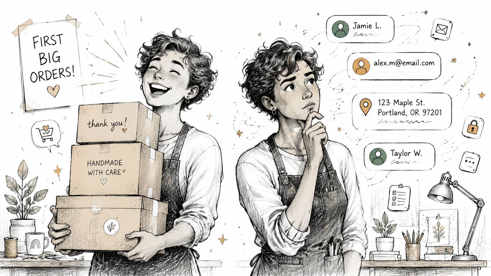 A split illustration showing an artist happy with orders and thoughtful about managing customer data securely.