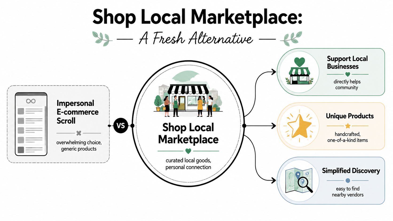 A comparison infographic between impersonal online shopping and a local marketplace, highlighting community, uniqueness, and discovery.