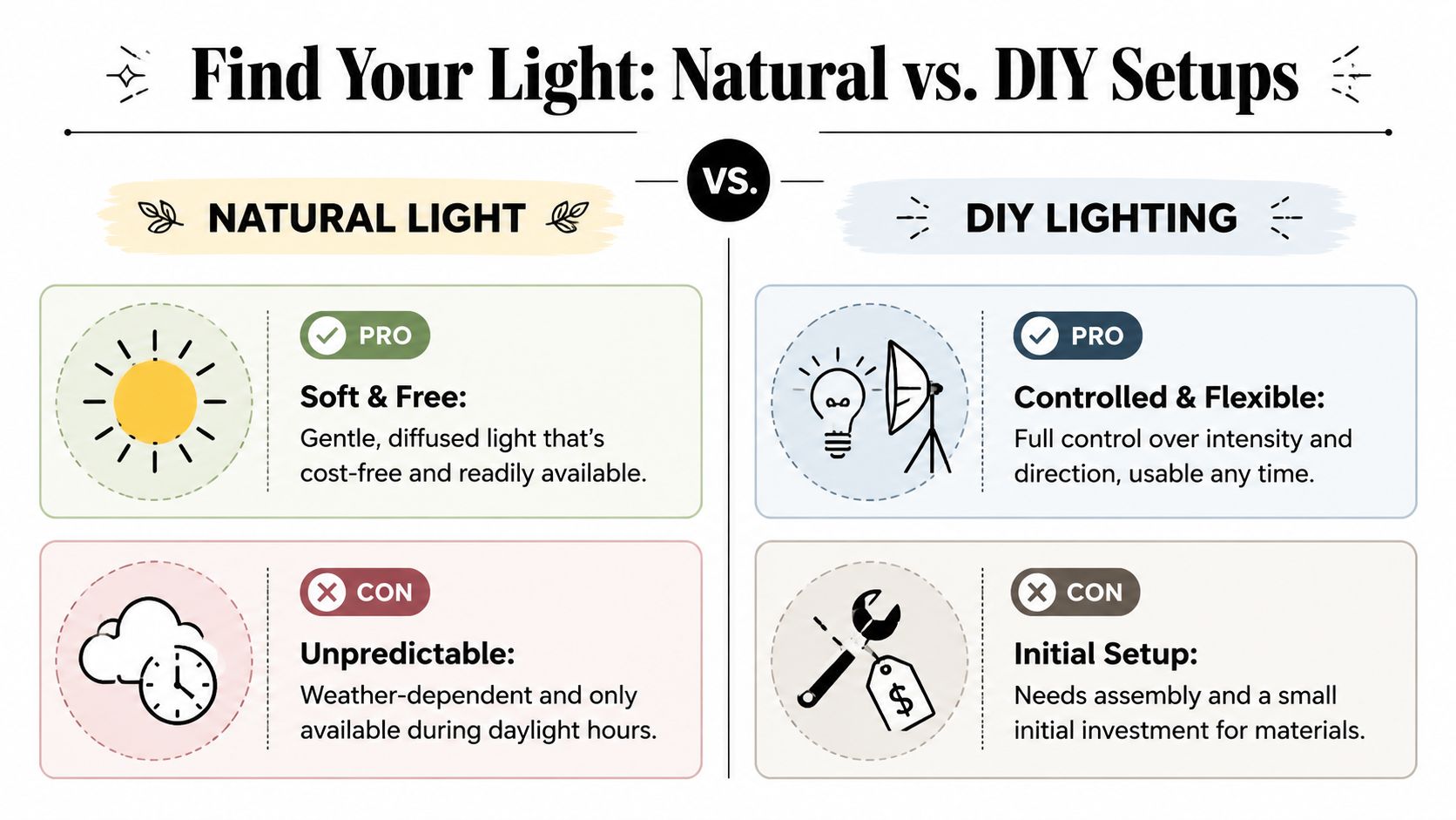A comparative infographic outlining the pros and cons of using natural light versus DIY lighting for photography.