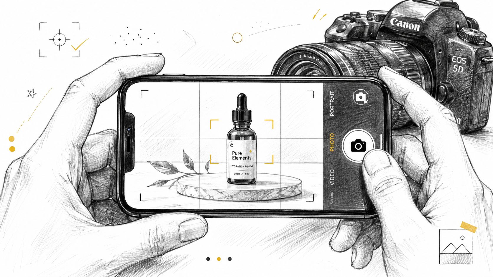 An artist's sketch of hands holding a smartphone to capture a photo of a product serum bottle.