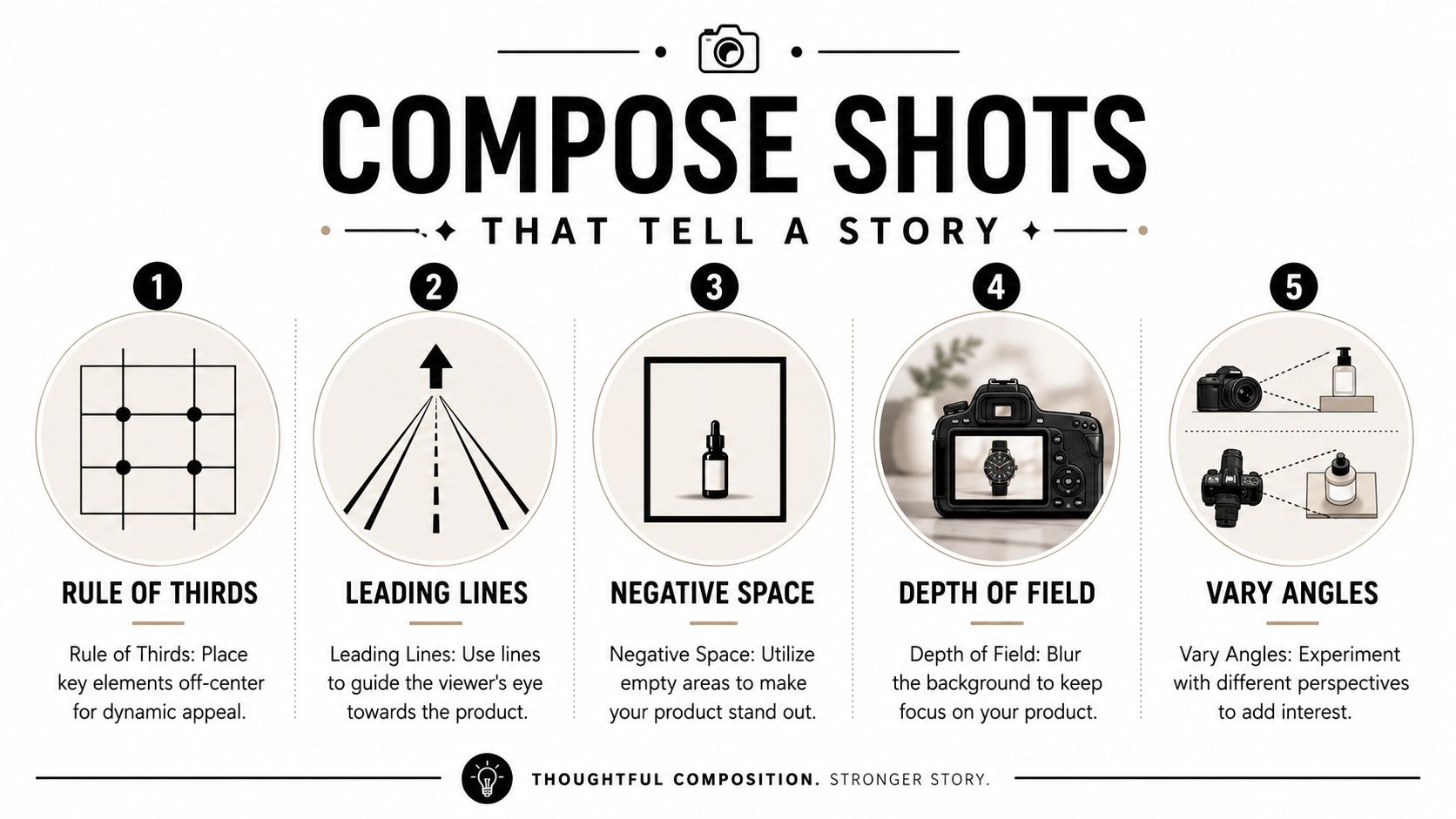 An infographic titled Compose Shots That Tell A Story with five photography tips for product images.