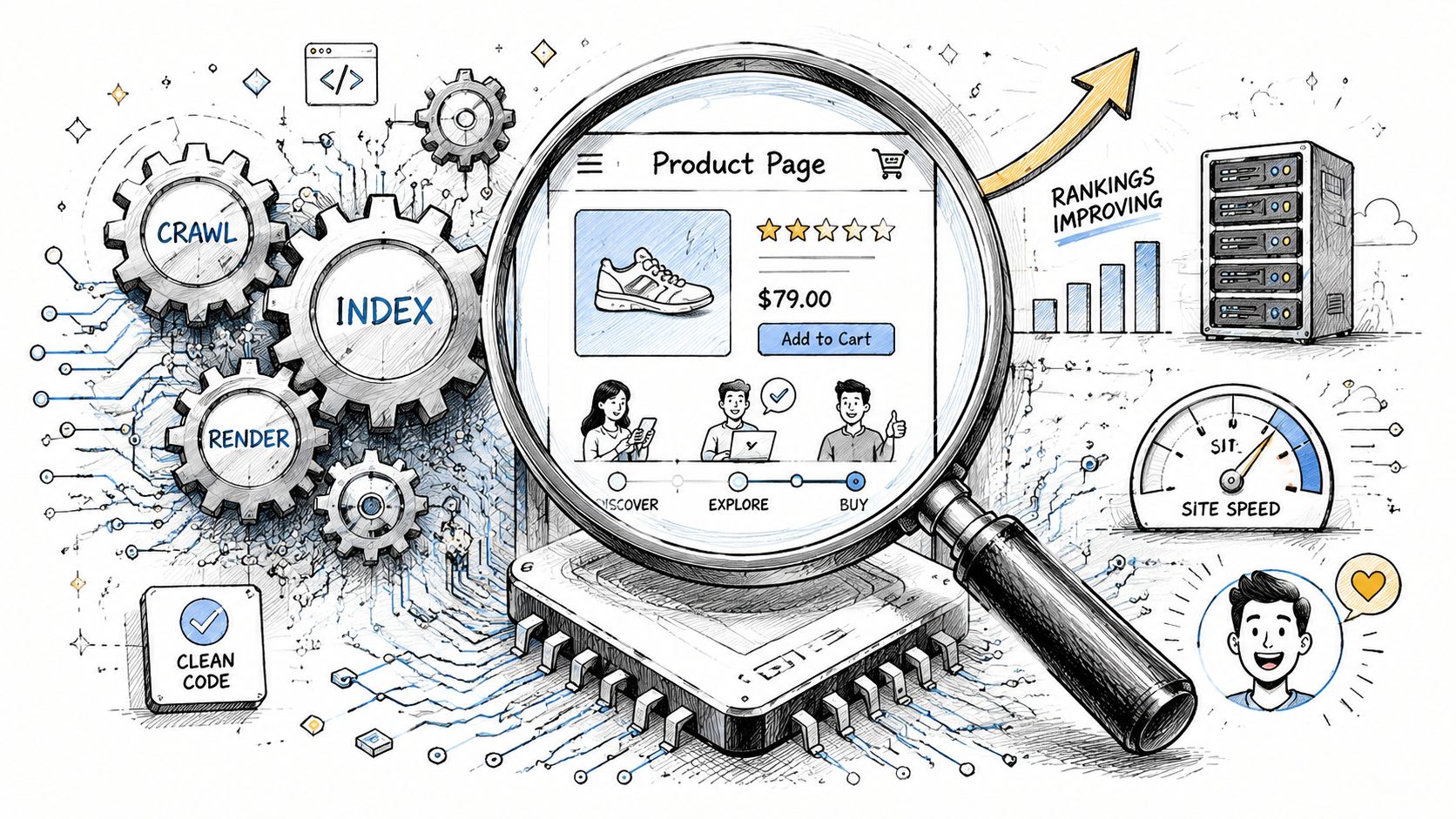 A hand-drawn illustration showing the technical SEO process for optimizing e-commerce product pages for better ranking.