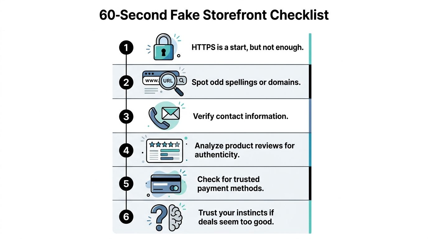 An infographic checklist for identifying fake online stores with six essential tips for safe internet shopping.